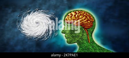 Challenges of Mental health crisis and psychiatric stress or brain disorder concept as a human mind with a hurricane headed towards a  head island. Stock Photo