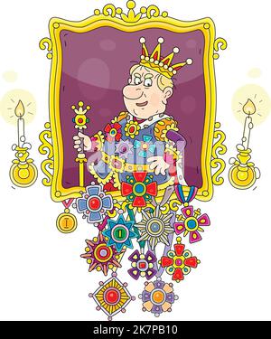 Ceremonial portrait of a funny angry king with many jeweled orders and medals hanging under an ornate gold frame by candlelight in a palace Stock Vector
