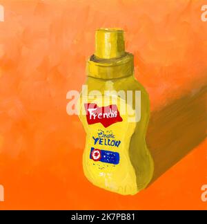 A gouache painting of a bottle of Frenh's yellow mustard. Stock Photo