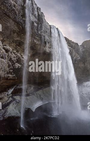 Seljalandsfoss waterfall in winter, South Iceland. Stock Photo