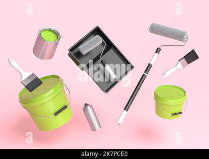 Set of flying safety helmet, bucket, tray with paint rollers and brushes for painting walls on pink background. 3d render of renovation apartment conc Stock Photo