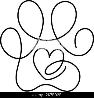 Heart with cat or dog paw in continuous one line drawing. Minimal line art. Animal foorprint in heart. Pet love concept Stock Vector