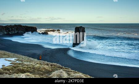 Laekjavik coast line with basaltic pillar and large waves, East Fjords, Iceland Stock Photo