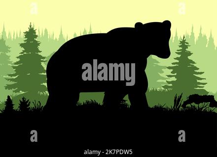 Adult bear. Wild animals. Silhouette figures. Glade in coniferous northern forest taiga. Vector. Stock Vector