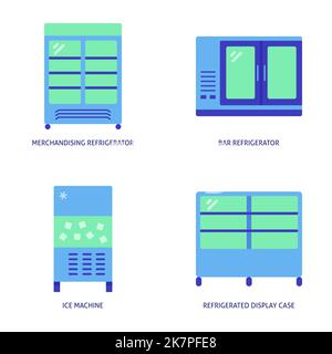 Freezing kitchen equipment icon set in flat style. Refrigerator, ice machine, display case symbols. Vector illustration. Stock Vector