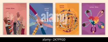 Volunteer multicultural people group concept. Editable set template poster banner leaflet web page.Diversity people in circle top view.NGO. Aid.Help Stock Vector