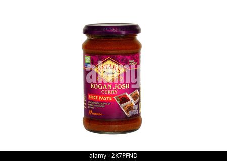 A jar of Patak's Rogan Josh Curry Spice Paste isolated on a white background. cutout image for illustration and editorial use. Stock Photo