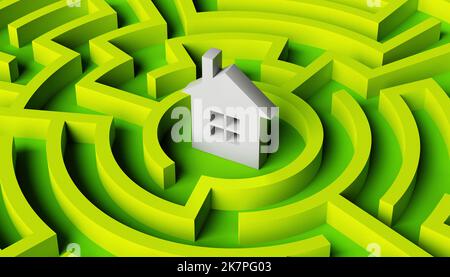 House symbol inside of maze. Concept of difficulty of having own house. 3d rendering Stock Photo