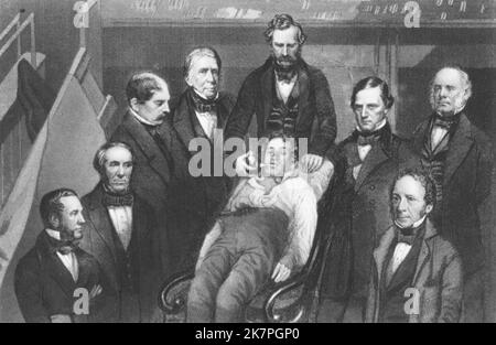 William Thomas Green Morton (1819 – 1868) American dentist and physician who first publicly demonstrated the use of inhaled ether as a surgical anesthetic in 1846. William T.G. Morton, M.D. Boston, making the first public demonstration of etherization surrounded by medical staff. From left to right: 1. Dr. Henry J. Bigelow; 2. Dr. Augustus A. Gould; 3. Dr. J. Mason Warren; 4. Dr. John C. Warren; 5. Dr. William T. G. Morton; 6. Dr. Samuel Parkman; 7. Dr. George Hayward; 8. Dr. T. D. Townsend. Stock Photo