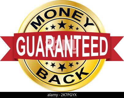 Golden glossy, top quality money back guaranteed badge, sign, seal, stamp, label with red ribbon on top isolated on white background Stock Vector