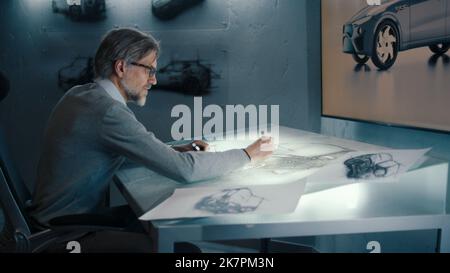 An automotive engineer and designer transfers sketches of prototype car and makes design corrections with a digital display graphics touch sreen table using stylus pen. Stock Photo