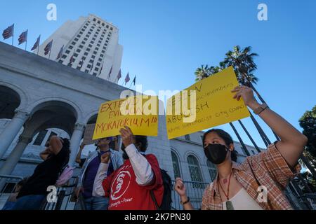 Los Angeles, California, USA. 18th Oct, 2022. Community members protest to condemn the racist comments made in a 2021 recorded conversation by Los Angeles City Councilmen Gil Cedillo and Kevin de LeÃ³n, former Council President Nury Martinez, and former L.A. County Federation of Labor President Ron Herrera, outside the City Hall Tuesday October 18, 2022 in Los Angeles (Credit Image: © Ringo Chiu/ZUMA Press Wire) Credit: ZUMA Press, Inc./Alamy Live News Stock Photo