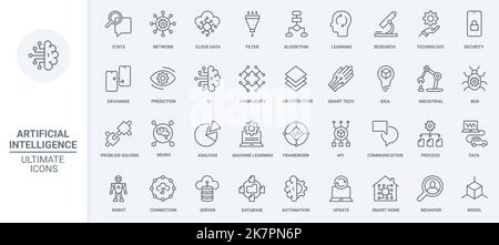 AI technology thin line icons set vector illustration. Abstract outline machine and artificial brain of robot learning, smart algorithms and automation, data cloud analytics and statistics analysis Stock Vector