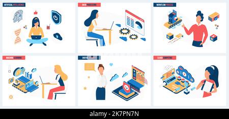 Data management process automation set vector illustration. Cartoon people work online with information, automatic AI system and computers concept for banner, website design or landing web page Stock Vector