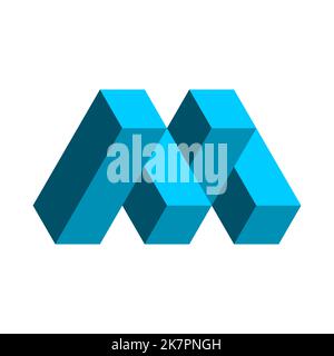 3d letter M logo template. Letter M made of rectangles. Impossible cubes shape. Blue isometric design element. Architecture, construction. Vector Stock Vector