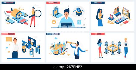 Business success strategy with using future technology and innovation set vector illustration. Cartoon people develop company, leadership concept for banner, website design or landing web page Stock Vector