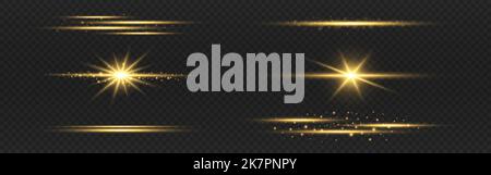 Glowing lines set. Horizontal gold light. Bright yellow flashes. Luxury light flares. Sparkling laser beams. Abstract shining glares. Vector illustrat Stock Vector