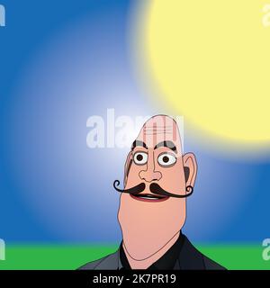 Bald man with a Dali's moustache cartoon with a sun, sky and grass in the background Stock Vector