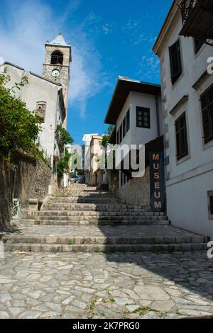 Old watch tower in the city. Stock Photo