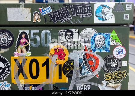Stickers and graffiti in downtown Juneau, Alaska, USA Stock Photo