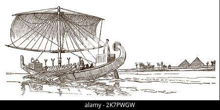 Ancient Egyptian boat navigating on River Nile in front of Pyramids Stock Vector
