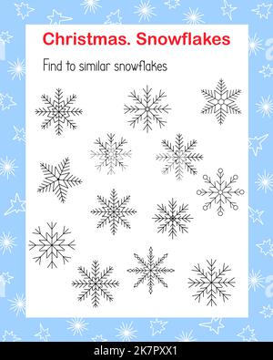 Find two similar snowflakes educational activity for children, winter puzzle game, simple vector illustration worksheet for fun and leisure time, Christmas, New Year holiday celebration Stock Vector