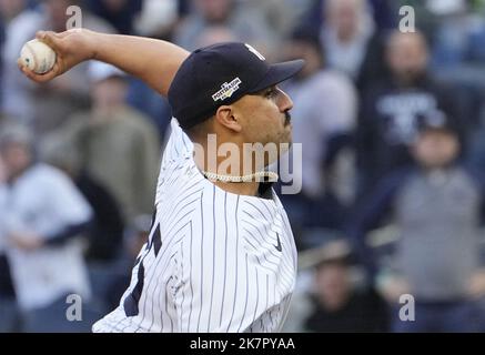 New York, USA. 18th Oct, 2022. New York Yankees starting pitcher Nestor Cortes throws in the second inning against the Cleveland Guardians in game five of their American League Division Series at Yankee Stadium in New York City on Tuesday, October 18, 2022. Photo by Ray Stubblebine/UPI Credit: UPI/Alamy Live News Stock Photo