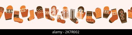 Colorful Retro Knitted Mittens and Socks Vector Seamless Horizontal Pattern Border Stock Vector
