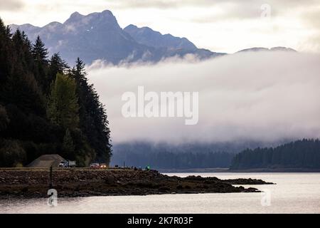 Cloudy coastal landscape - Icy Strait Point, Hoonah, Alaska, USA Stock Photo