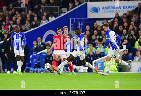 Brighton, UK. 18th Oct, 2022. Moises Caicedo of Brighton and Hove Albion and Remo Freuler of Nottingham Forest during the Premier League match between Brighton & Hove Albion and Nottingham Forest at The Amex on October 18th 2022 in Brighton, England. (Photo by Jeff Mood/phcimages.com) Credit: PHC Images/Alamy Live News Stock Photo
