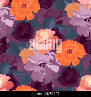Illustration with burgundy, violet, purple, orange color garden flowers Stock Vector