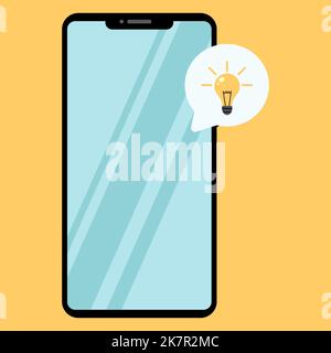 Simple flat illustration of smartphone. Important notice. Image of a shining light bulb. Vector illustration. Stock Vector