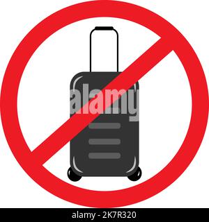 Red Prohibition Sign and Travel Suitcase on wheels in shades of gray in cartoon style. Isolate. Sticker. Icon for trip, tourism or summer vacation. Good for poster, banner, pointer, placate, postcard Stock Vector
