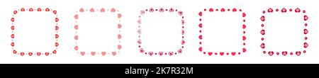Set of square frames with hearts and flowers. Collection of templates for Valentine day card, wedding invitation, photo, picture, banner, stickers. Vector flat illustration Stock Vector