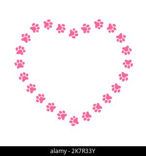 Heart shaped frame with cat or dog paw footprints. Cute template for greeting or invitation card, pet photo or picture, web banner isolated on white background. Vector flat illustration Stock Vector