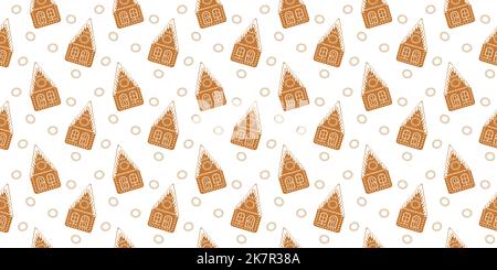 Icing gingerbread houses seamless pattern. Traditional winter biscuit cookies with ornament. Christmas or New Year scrapbooking or wrapping paper or fabric design. Vector flat illustration Stock Vector