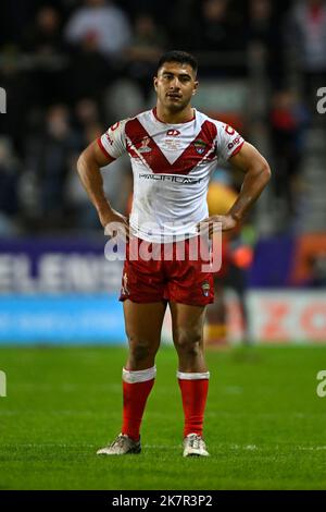 Tonga's Will Penisini (left) and Cook Islands' Kayal Iro in action