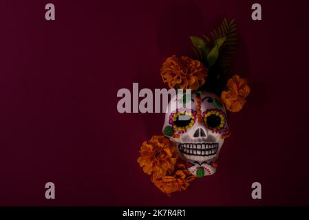 Dia De Los Muertos or Day of the Dead Celebration Banner with Empty Space. Low key photo of Scull Decorated with Marigold flower. Mexican Festive. Stock Photo