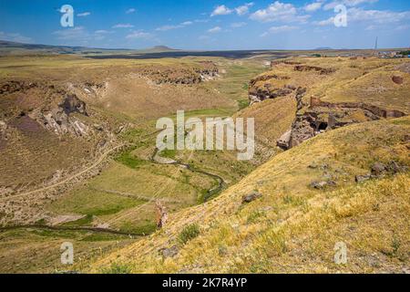 Tsaghkotsadzor (Alaca cay) valley with man-made caves next to the ancient city Ani, Turkey Stock Photo