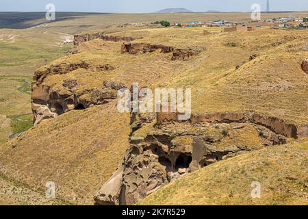 Tsaghkotsadzor (Alaca cay) valley with man-made caves next to the ancient city Ani, Turkey Stock Photo