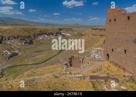 Tsaghkotsadzor (Alaca cay) valley with man-made caves next to the palace of ancient city Ani, Turkey Stock Photo