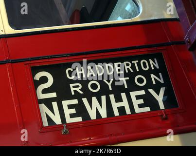 Old red and white bus, service 2, Chadderton, Royton, Newhey, Greater Manchester, historic vehicle Stock Photo