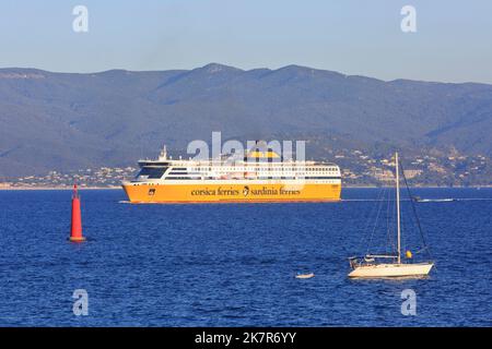The MS Pascal Lota (2019) fast ferry from Corsica Ferries - Sardinia Ferries in the Bay of Ajaccio (Corse-du-Sud), France Stock Photo