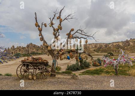 GOREME, TURKEY - JULY 19, 2019: Pottery decorations near Goreme town in Cappadocia, Turkey Stock Photo