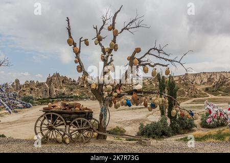 GOREME, TURKEY - JULY 19, 2019: Pottery decorations near Goreme town in Cappadocia, Turkey Stock Photo