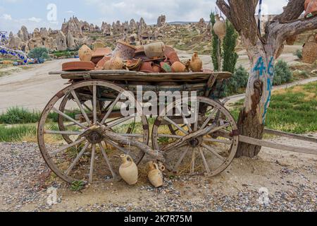 GOREME, TURKEY - JULY 19, 2019: Pottery decorations near Goreme town in Cappadocia, Turkey Stock Photo