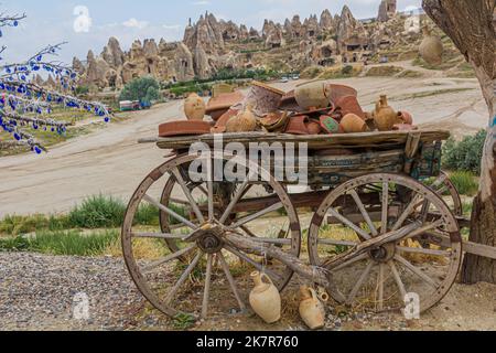 GOREME, TURKEY - JULY 19, 2019: Pottery decorations near Goreme town in Cappadocia, Turkey Stock Photo