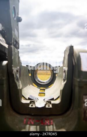 Looking down the firing tube of the TOW Missile System. Indiana National Guard infantrymen with Company D, 1st Battalion, 151st Infantry Regiment, fire missiles during a live-fire exercise at Camp Atterbury, Indiana, Thursday, Sept. 29, 2022. The missiles, which are tube launched, optically tracked and wirelessly guided, are the most modern and capable missile of that type with an extended maximum range of 4,500 meters. Stock Photo