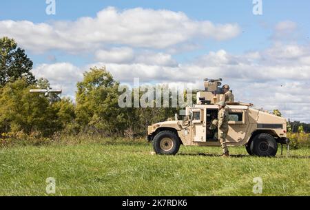 Indiana National Guard infantrymen with Company D, 1st Battalion, 151st Infantry Regiment, fire missiles during a live-fire exercise at Camp Atterbury, Indiana, Thursday, Sept. 29, 2022. The missiles, which are tube launched, optically tracked and wirelessly guided, are the most modern and capable missile of that type with an extended maximum range of 4,500 meters. Stock Photo