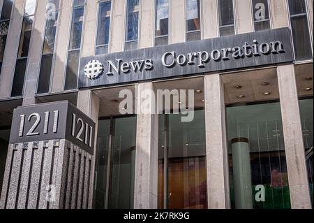 USA. 18th Oct, 2022. Marquee at the main entrance to the FOX News Headquarters at NewsCorp Building in Manhattan. (Photo by Erik McGregor/Sipa USA) Credit: Sipa USA/Alamy Live News Stock Photo